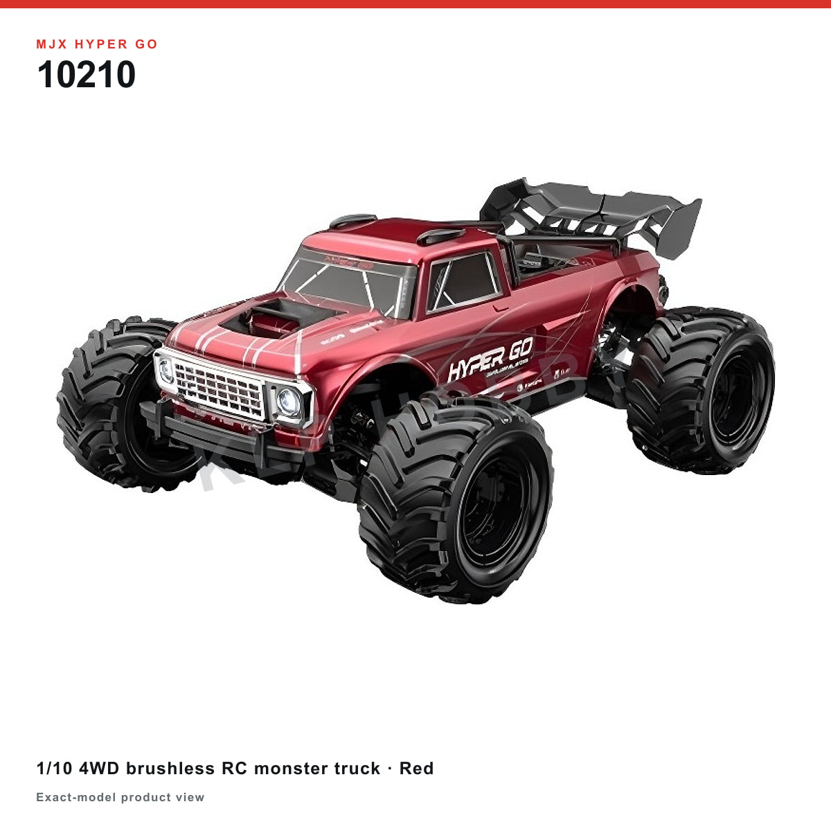 MJX Hyper Go 10210 red 1/10 4WD brushless RC monster truck on a white background