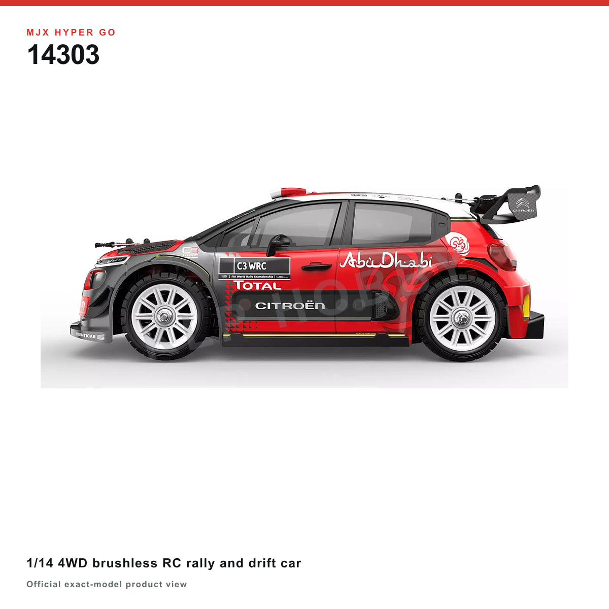MJX Hyper Go 14303 1/14 4WD brushless RC rally and drift car on a white background