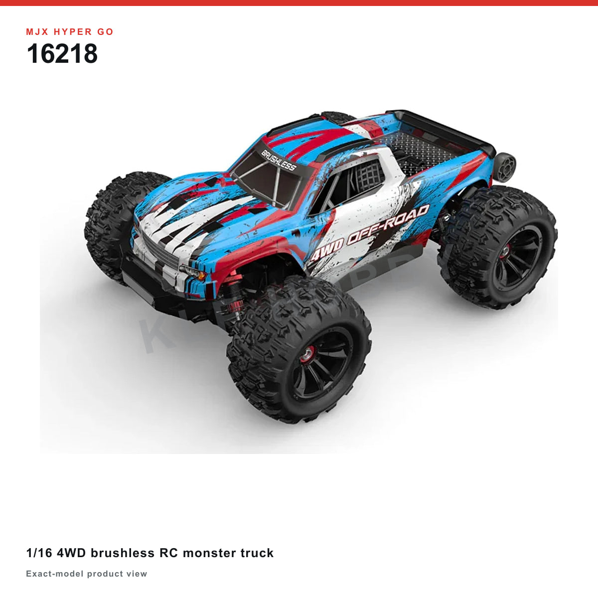 MJX Hyper Go 16218 1/16 4WD brushless RC monster truck on a white background