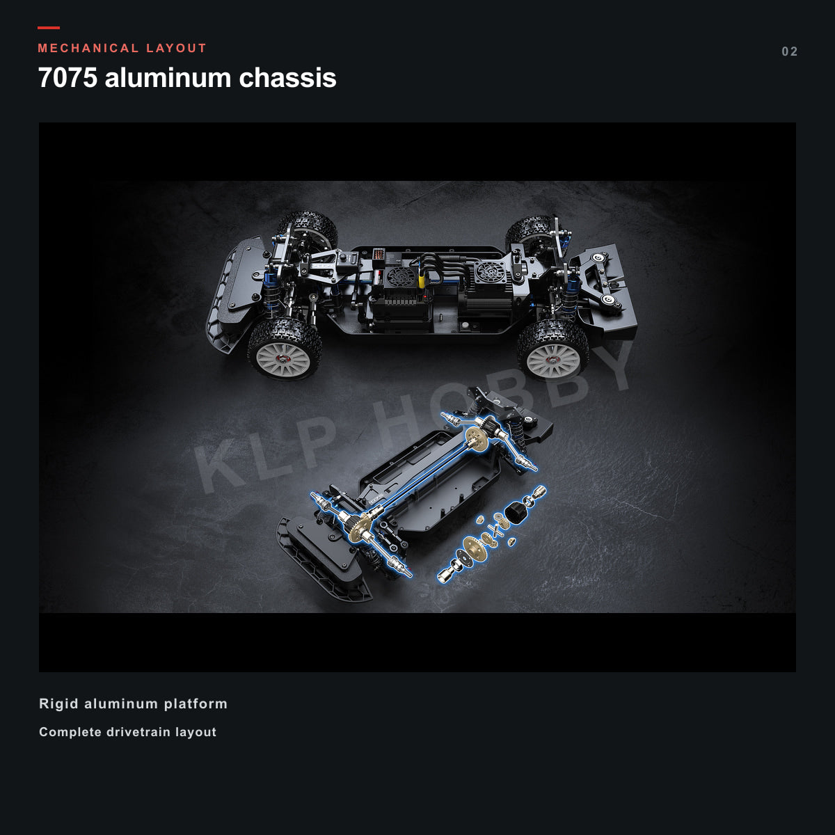 MJX Hyper Go 10303 7075 aluminum chassis and drivetrain layout