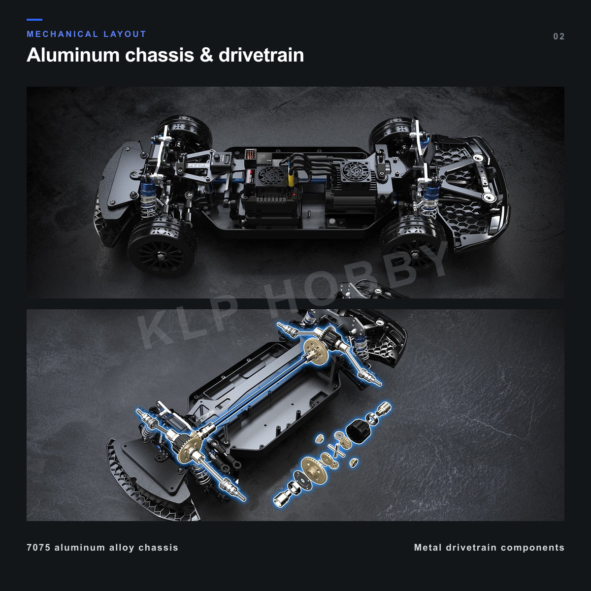 MJX Hyper Go 10306 aluminum chassis and metal drivetrain layout