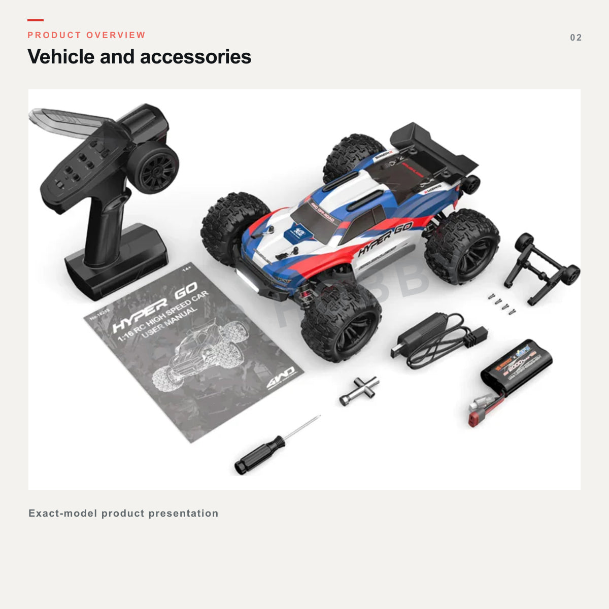 MJX Hyper Go 16212 vehicle, transmitter, battery, charging cable, manual and tools overview