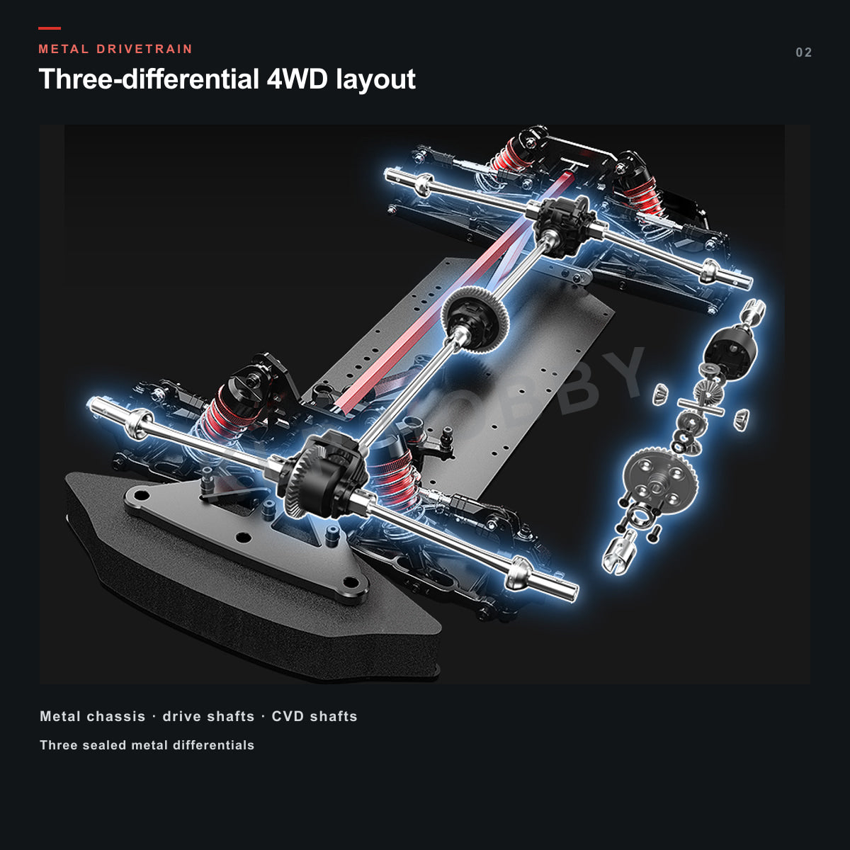 MJX Hyper Go 7304 metal chassis and drivetrain layout