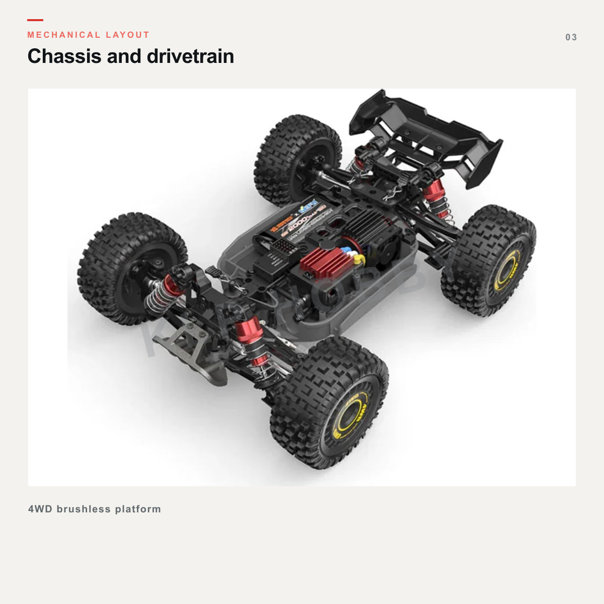 MJX Hyper Go 16213 chassis, electronics and drivetrain layout