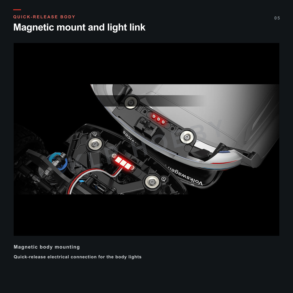 MJX Hyper Go 10304 magnetic body mount and quick-release light connection