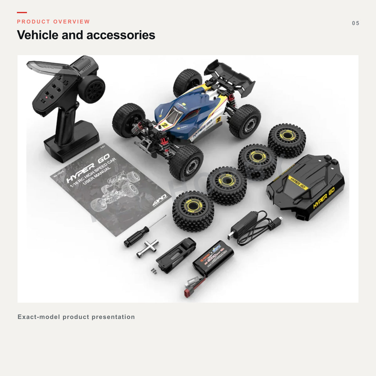 MJX Hyper Go 16213 vehicle, transmitter, spare body, tires, battery, charging cable, manual and tools overview