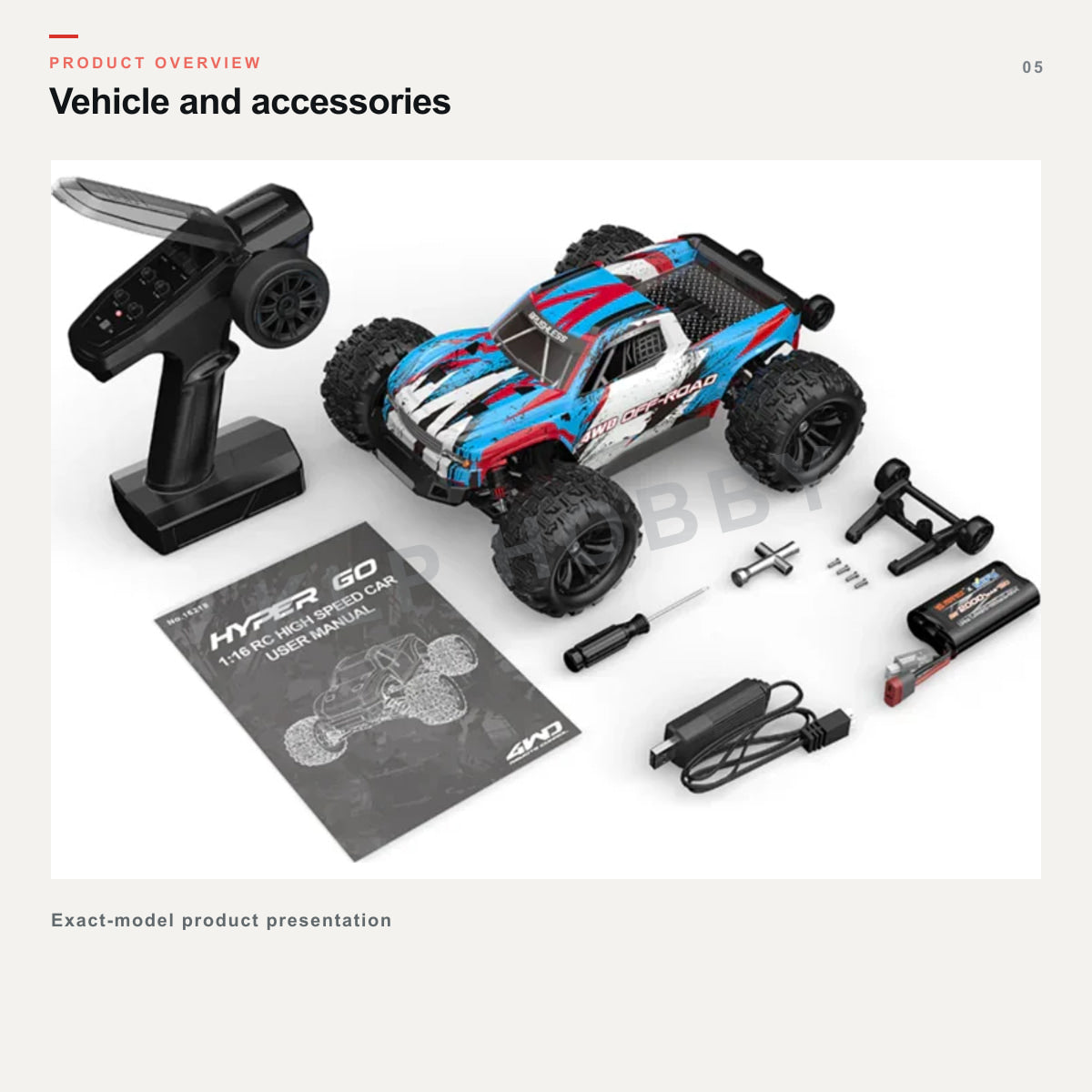MJX Hyper Go 16218 vehicle, transmitter, battery, charging cable, manual and tools overview