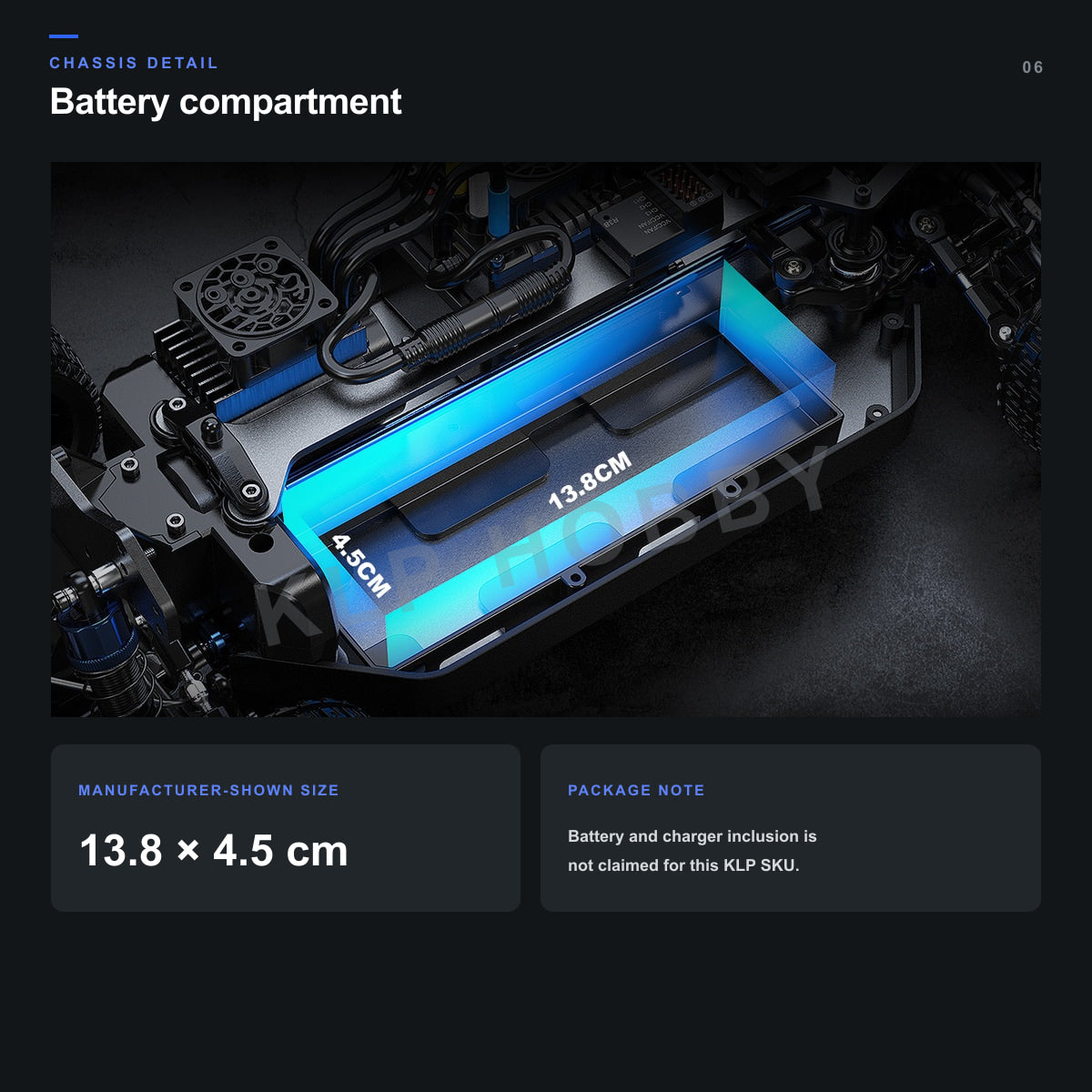 MJX Hyper Go 10306 battery compartment with manufacturer dimensions