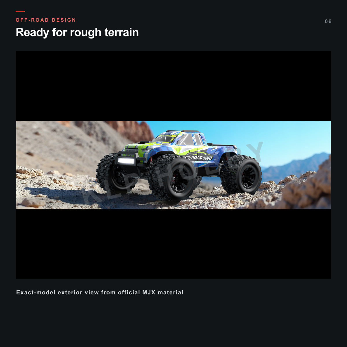 MJX Hyper Go 14208 brushless RC monster truck on rocky terrain