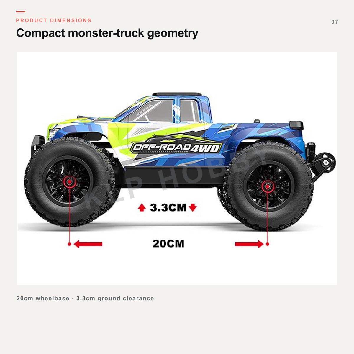 MJX Hyper Go 14208 side profile with wheelbase and ground clearance dimensions