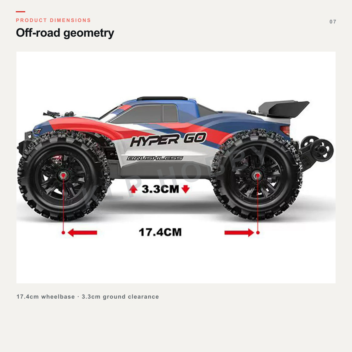 MJX Hyper Go 16212 side profile with wheelbase and ground clearance dimensions