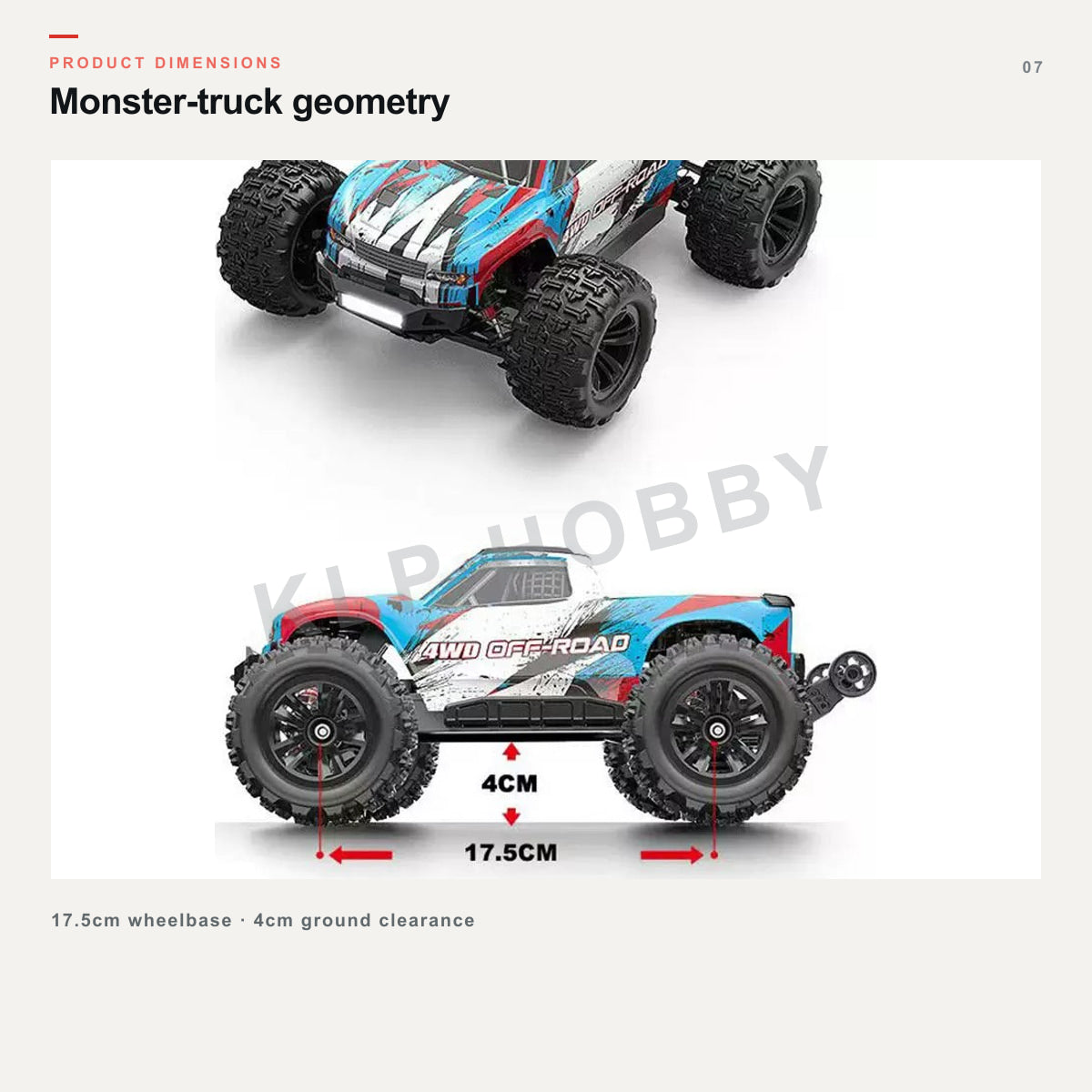MJX Hyper Go 16218 side profile with wheelbase and ground clearance dimensions