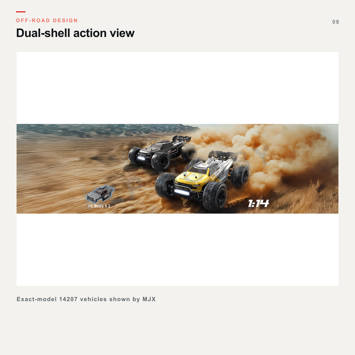 MJX Hyper Go 14207 yellow and black vehicles in an off-road action scene