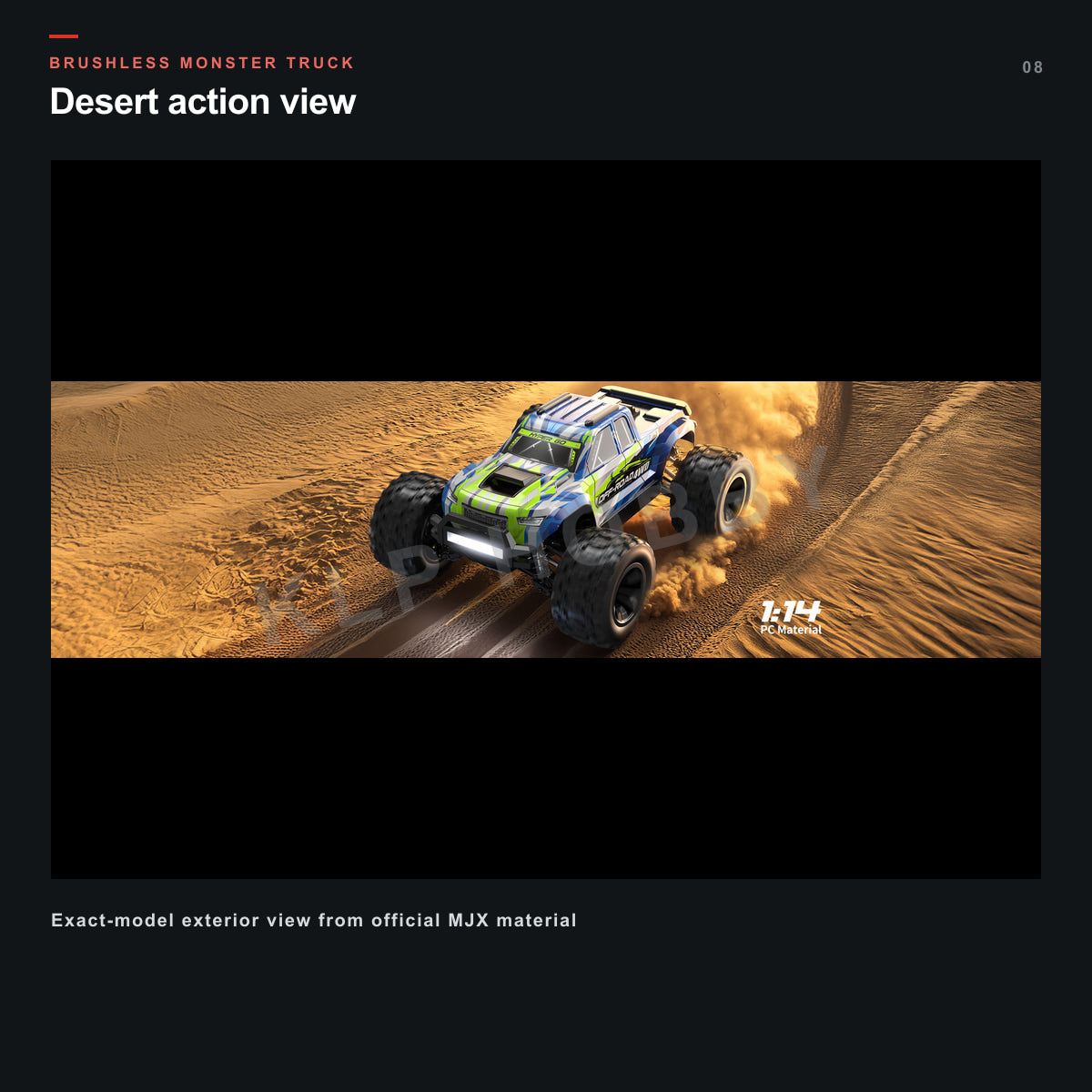 MJX Hyper Go 14208 brushless RC monster truck desert action view