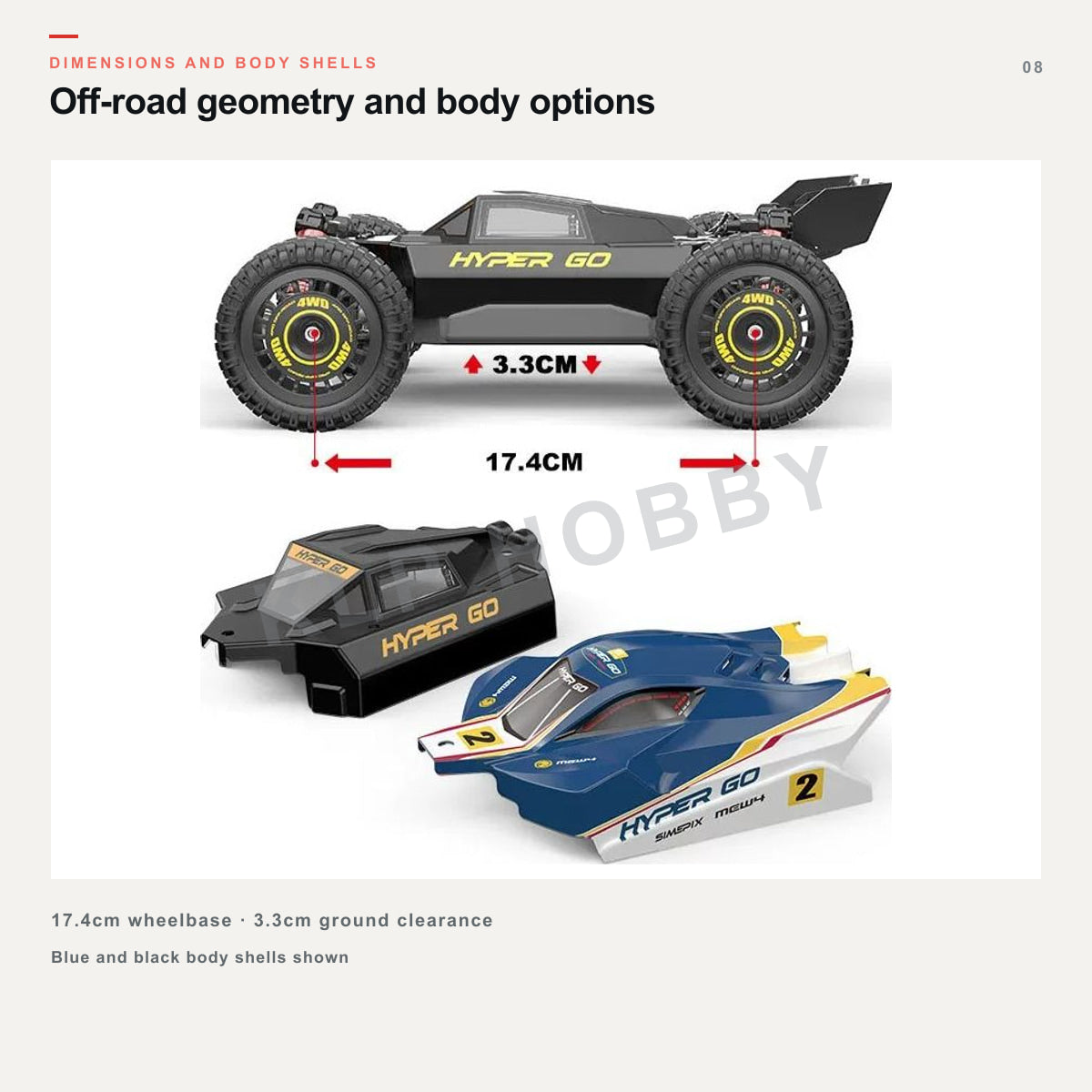 MJX Hyper Go 16213 wheelbase, ground clearance and blue and black body shells