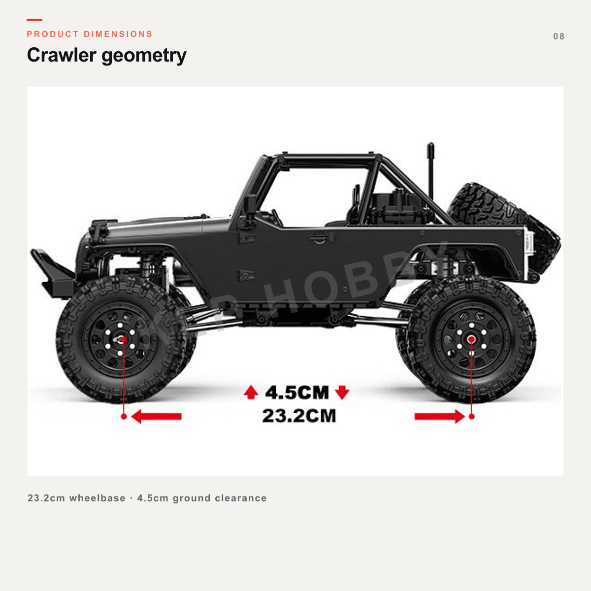 MJX Hyper Go H12Y side profile with wheelbase and ground clearance dimensions