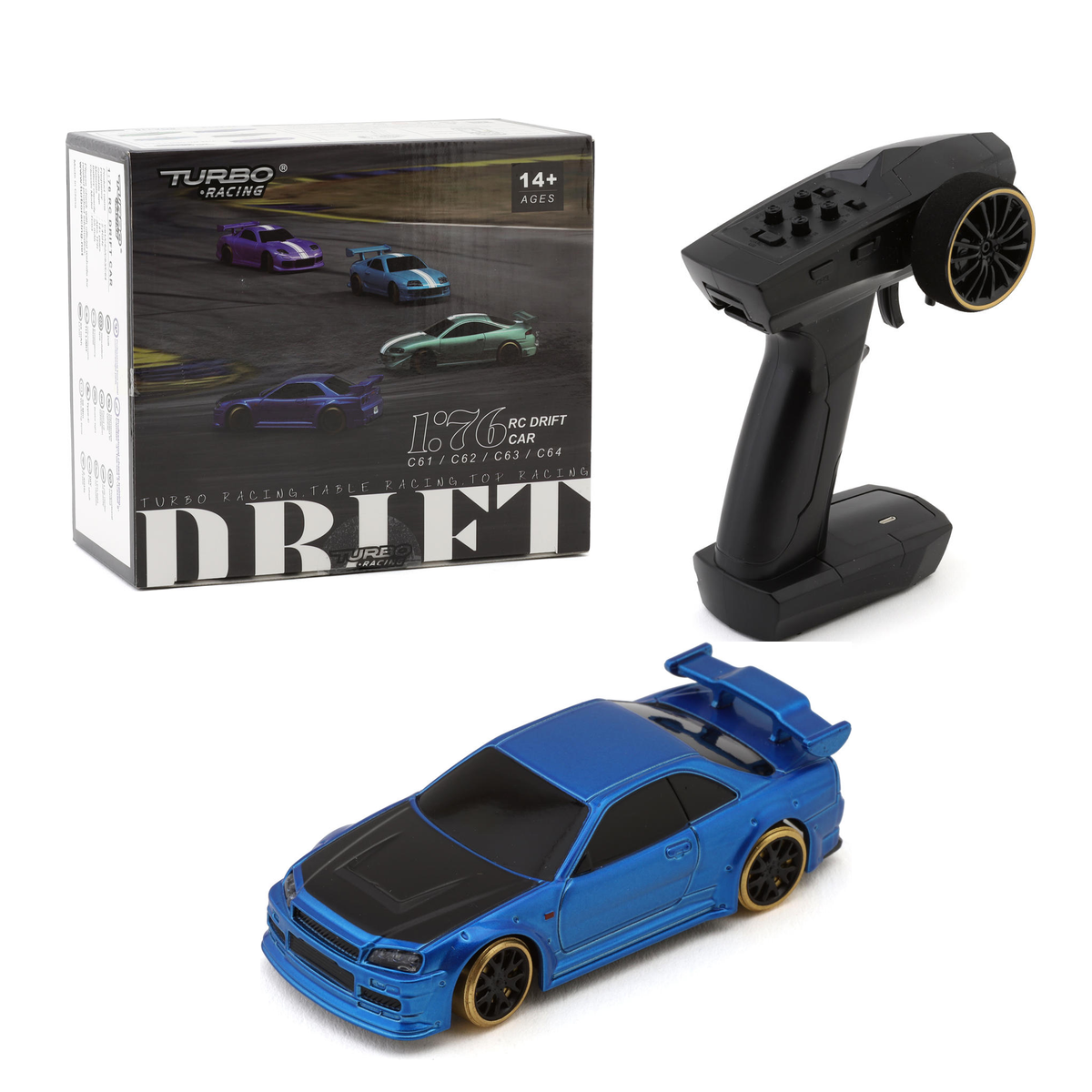 Turbo Racing C64 1/76 RC Drift Car - Blue - Current Cardboard Box