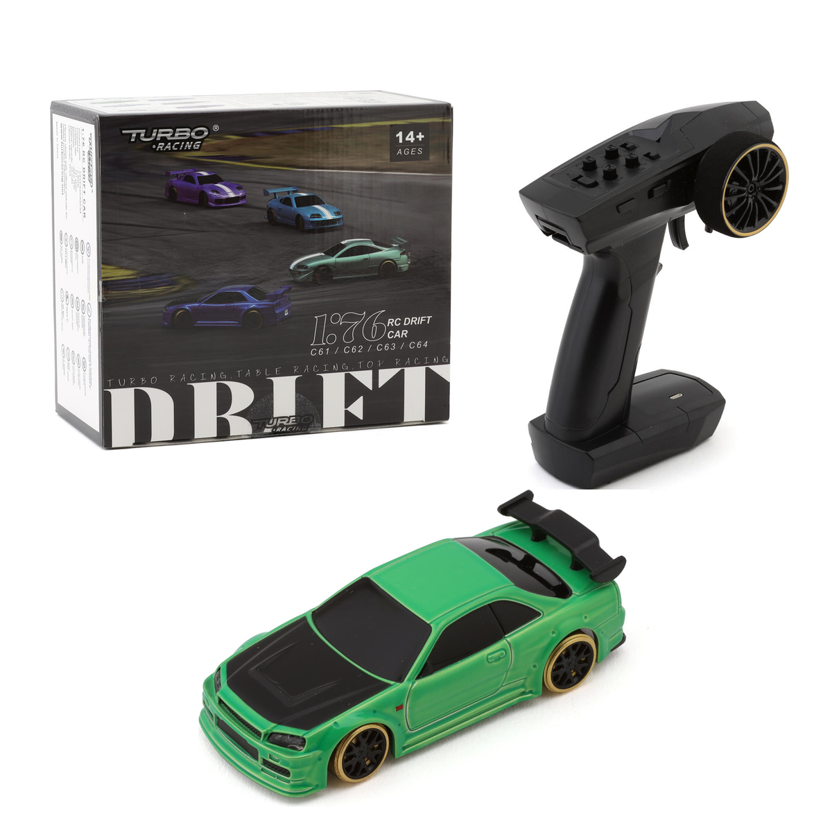 Turbo Racing C64 1/76 RC Drift Car - Green - Current Cardboard Box
